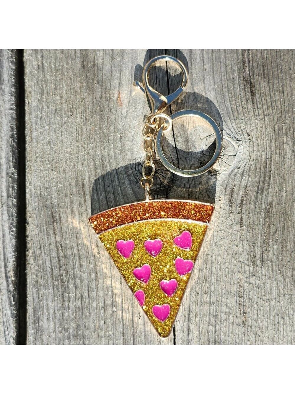 FUN Glitter Heart PIZZA SLICE Keychain Bag Charm BNWOT Gold Tone
